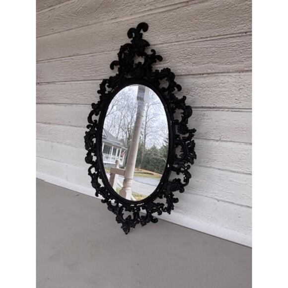 Vintage Oval Wall Hanging Mirror Ornate Black Scroll Border Chippy Shabby Chic - Picture 6 of 12